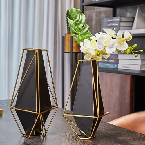新中式轻奢几何金属花瓶摆件客厅玄关餐桌样板房装饰品电视柜花器