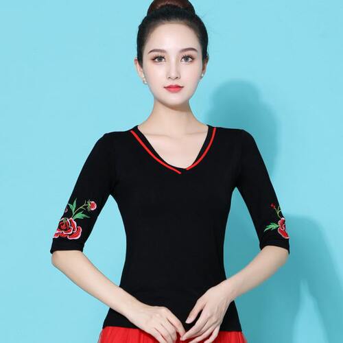 广场舞上衣新款女跳舞衣服舞蹈服t恤短袖V领莫代尔演出服修身夏季