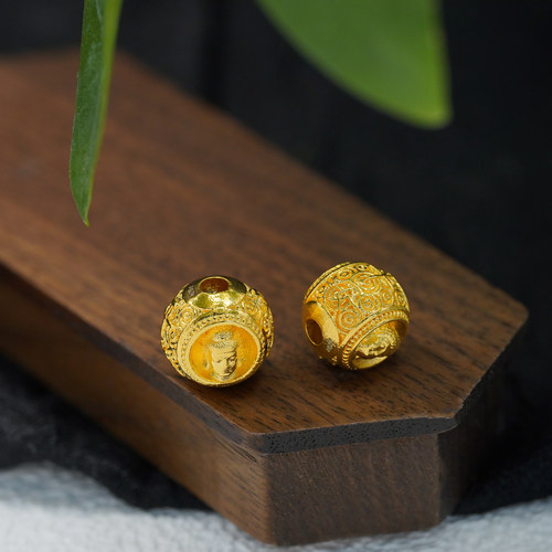 18k金回纹双面佛头圆珠 不脱模【WT0574】