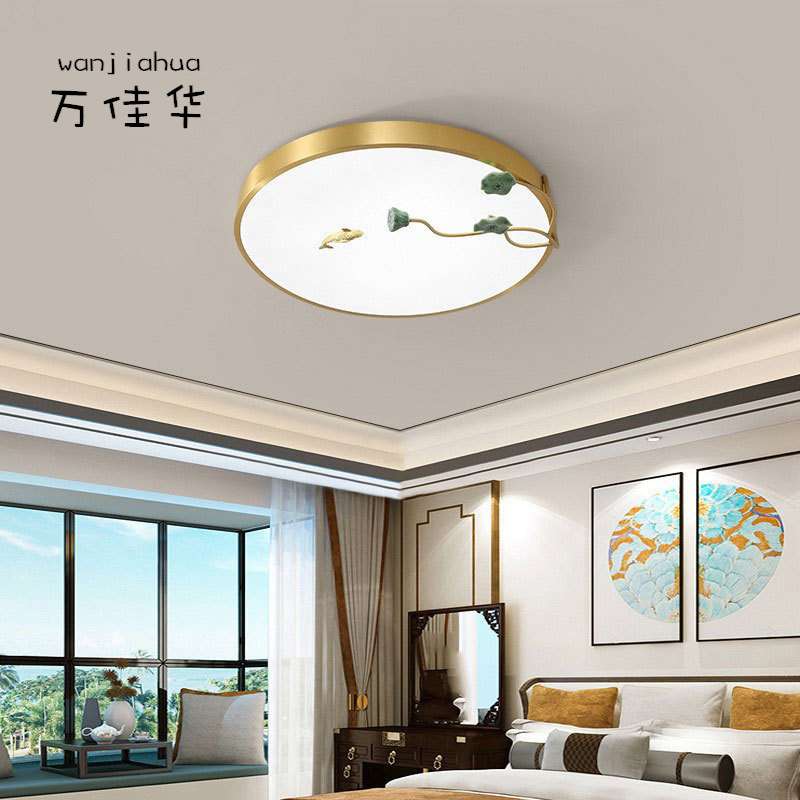 新中式全铜简约led吸顶灯卧室平板圆形灯中国风装饰禅意铜灯灯具