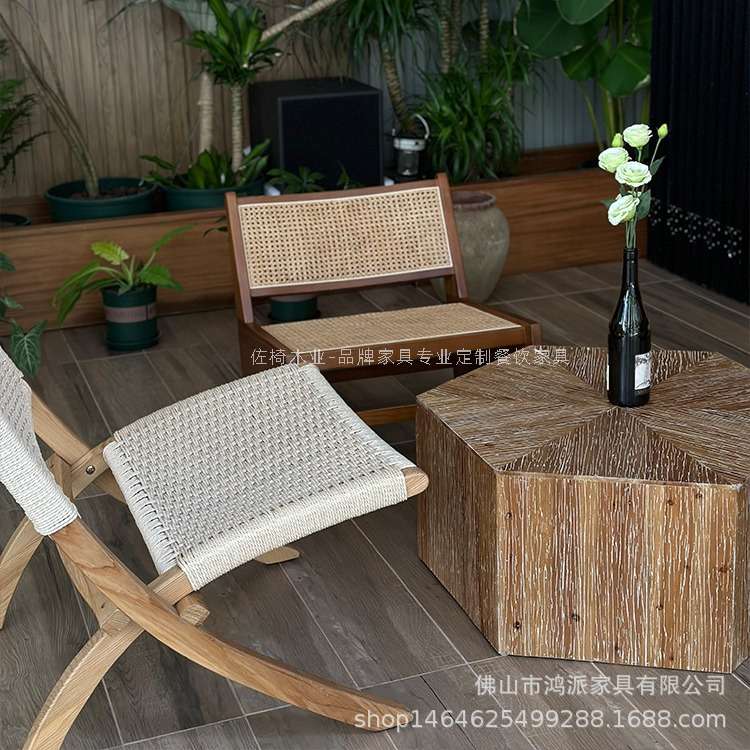 咖啡厅设计师商用躺椅奶茶店实木沙发椅桌椅组合创意休闲洽谈桌椅