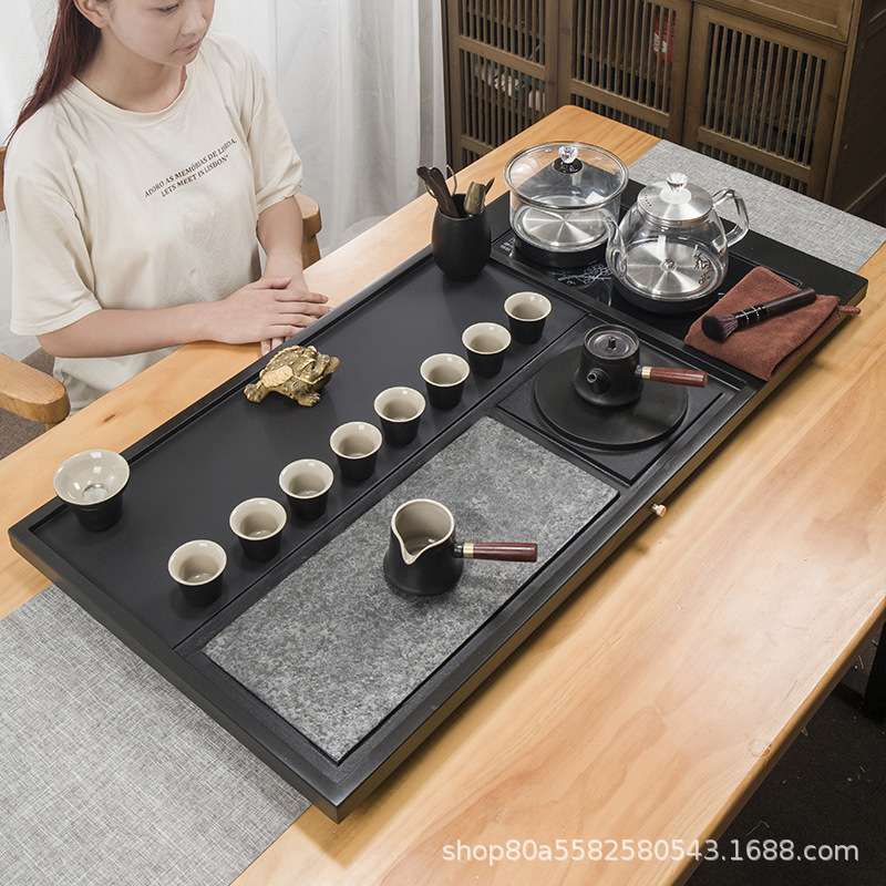 整块乌金石茶盘套装全自动上水茶台烧水壶一体电磁炉家用茶海刻字
