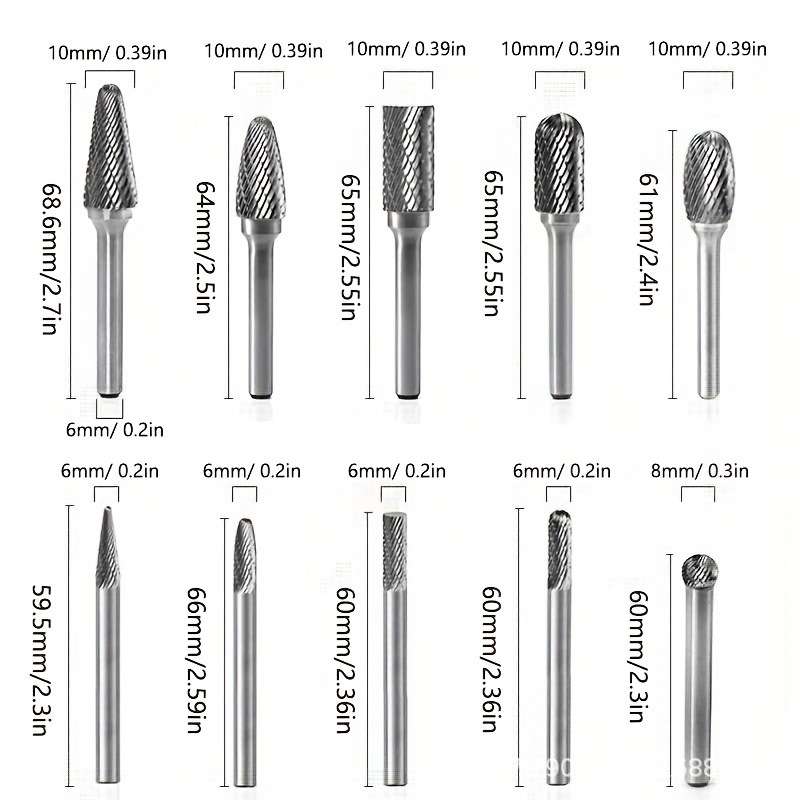 10件/套碳化钨毛刺套6mm柄双切削固体电动工具旋锉钻头