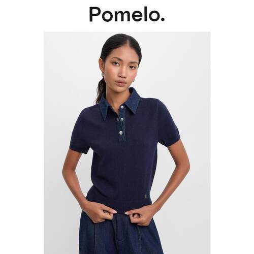 Pomelo 小众设计感藏青针织衫polo 领修身显瘦小个子针织短袖上衣