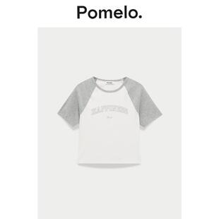 Pomelo T恤女 拼色设计字母图案印花插肩袖