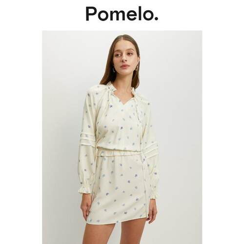 Pomelo 休闲收腰印花图案系带V领连衣裙女