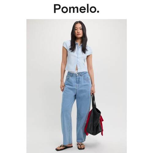 Pomelo 2026夏季新品 女士蓝色袖口翻领衬衫