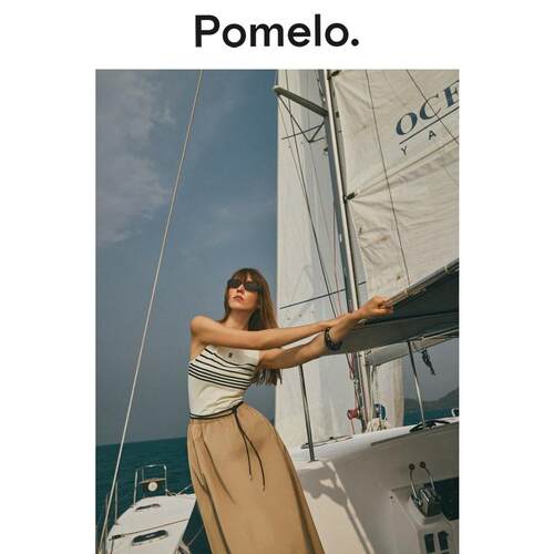 Pomelo 海边度假风条纹连衣裙收腰显瘦气质中长款A字长裙女