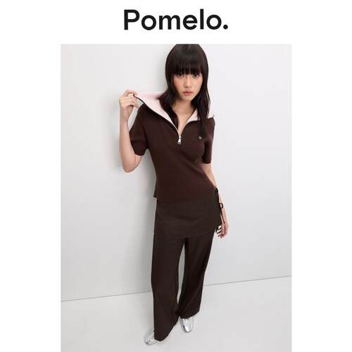 Pomelo 学院风撞色Polo领半拉链坑条修身显瘦短袖针织衫