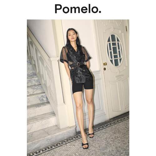Pomelo 黑色网纱短袖衬衫女双排扣收腰潮流系带薄款别致衬衣