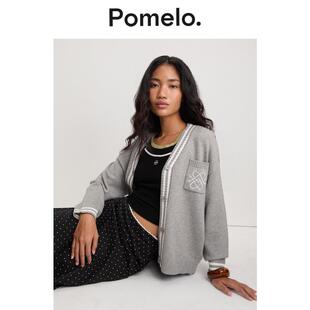 Pomelo 撞色边刺绣V领宽松显瘦学院风毛衣外套秋冬 通勤风针织开衫