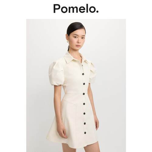 Pomelo 小个子法式泡泡袖连衣裙收腰显瘦气质通勤风衬衫连衣裙女