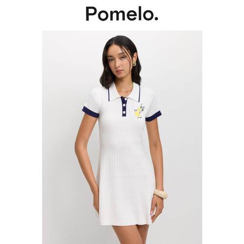 Pomelo 学院风撞色针织裙柠檬刺绣麻花纹修身显瘦短袖Polo连衣裙