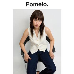 Pomelo 米白条纹马甲女V领单排扣收腰显瘦通勤易搭叠穿背心马甲