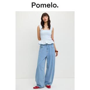 Pomelo 背心上衣 清新风浅蓝褶皱吊带女荷叶边收腰显瘦设计感无袖