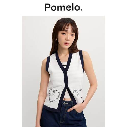 Pomelo 白青撞色马甲女V领开襟蝴蝶结刺绣显瘦通勤易搭背心女