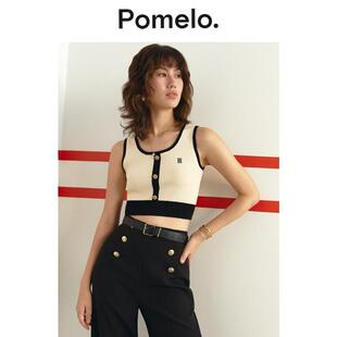 短款 Logo 针织吊带背心女 简约撞色奶油色金属 Pomelo