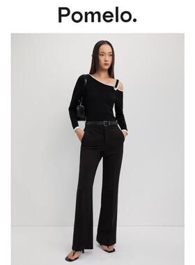 Pomelo 通勤风黑色斜肩T恤撞色边修身显瘦辣妹风长袖针织衫上衣女