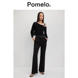 针织衫 显瘦辣妹风长袖 上衣女 通勤风黑色斜肩T恤撞色边修身 Pomelo