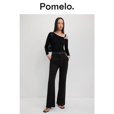 Pomelo 通勤风黑色斜肩T恤撞色边修身显瘦辣妹风长袖针织衫上衣女
