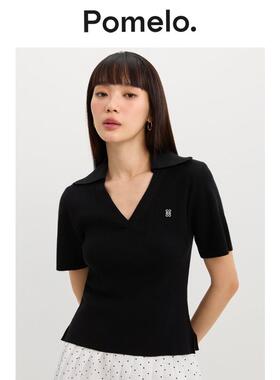 Pomelo 通勤风黑色POLO针织衫V领设计感修身显瘦小个子短袖T恤女
