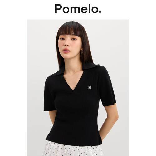 Pomelo 通勤风黑色POLO针织衫V领设计感修身显瘦小个子短袖T恤女