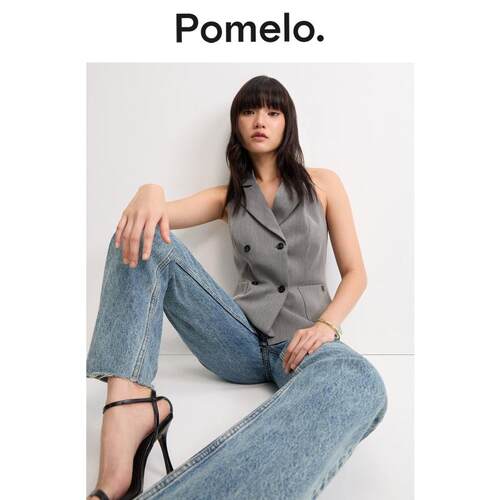 Pomelo 中灰色修身双排扣西装领背心马甲