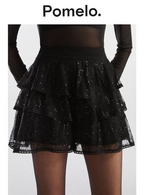 Pomelo 黑色亮片装饰荷叶蕾丝短裤