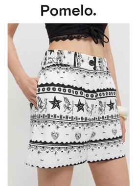 Pomelo 度假风黑白印花热裤女夏高腰显瘦宽松阔腿辣妹风休闲短裤