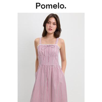 Pomelo 海边度假风粉白条纹吊带裙收腰显瘦甜妹风连衣裙女