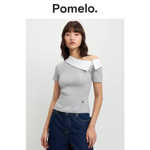 Pomelo 小众设计感针织衫法式撞色一字肩针织短袖女