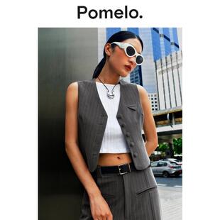饰设计感背心马甲女 潮流口袋装 Pomelo 灰白细条纹时尚