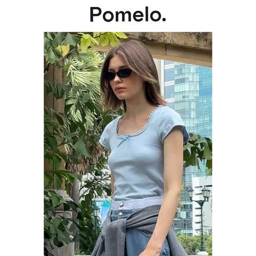 Pomelo 温柔风浅蓝色方领短袖蕾丝花边修身显瘦短款针织T恤