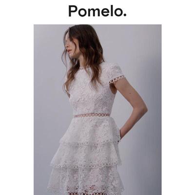 Pomelo蕾丝荷叶边连衣裙-白色