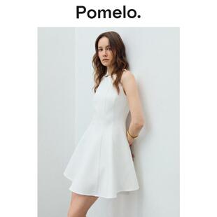 Pomelo无袖收腰白裙简约通勤A字裙摆 花卉肩饰中长款显瘦连衣裙