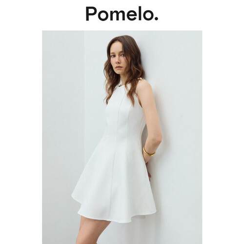 Pomelo无袖收腰白裙简约通勤A字裙摆 花卉肩饰中长款显瘦连衣裙