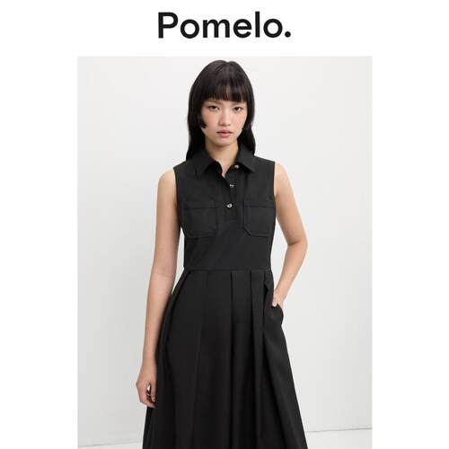 Pomelo 黑色无袖衬衫连衣裙新款收腰显瘦通勤风百褶中长裙