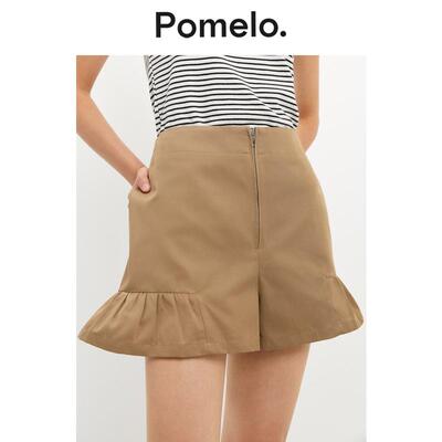 Pomelo荷叶边拉链短裤-浅米色
