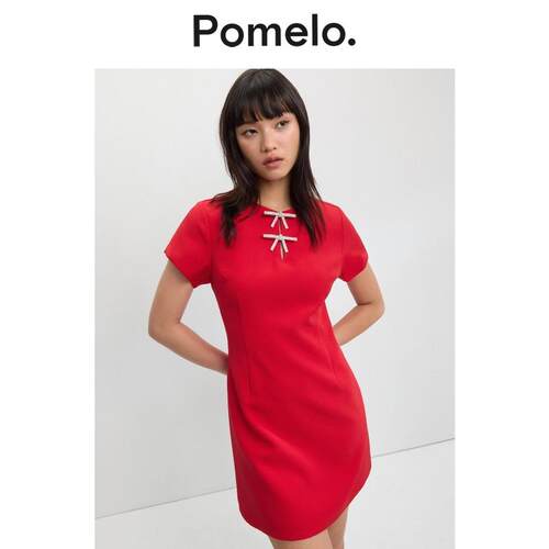 Pomelo 中国风修身气质镂空蝴蝶结红色迷你连衣裙女