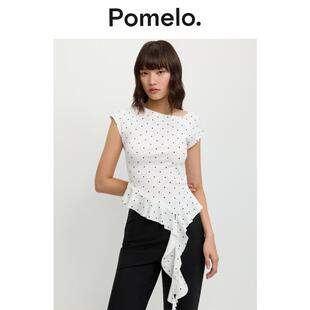 上衣 显瘦短袖 Pomelo 波点荷叶边T恤女设计感不规则修身