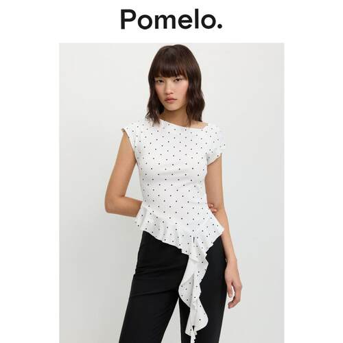 Pomelo 波点荷叶边T恤女设计感不规则修身显瘦短袖上衣