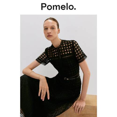 Pomelo 法式复古黑色蕾丝短袖T恤女短款设计感小众显瘦易搭T恤女