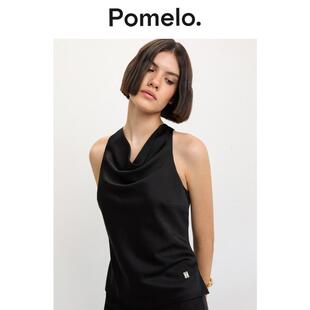 Pomelo 挂脖设计感小众外穿打底背心女 气质黑色荡领背心无袖