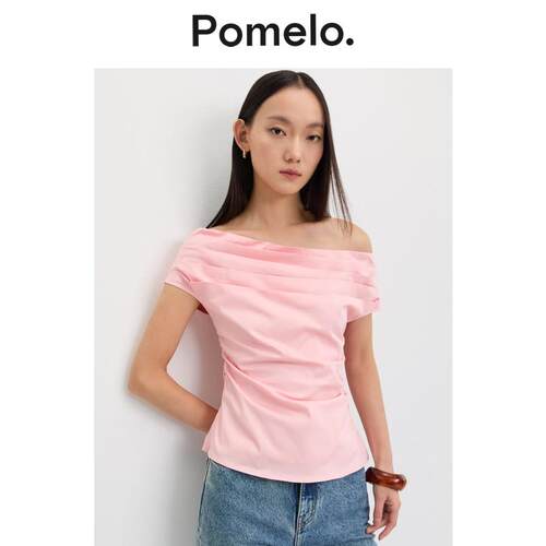 Pomelo 甜酷风粉色漏肩T恤褶皱设计显瘦辣妹风小众短袖T恤上衣女