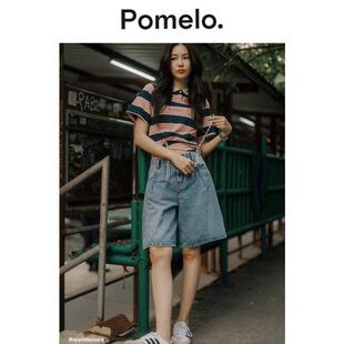 Pomelo 美式复古牛仔短裤女高腰宽松显瘦小个子休闲阔腿五分裤