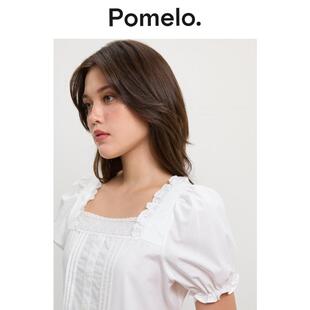 Pomelo 设计感蕾丝方领泡泡袖衬衫白色宽松显瘦温柔风短袖上衣女