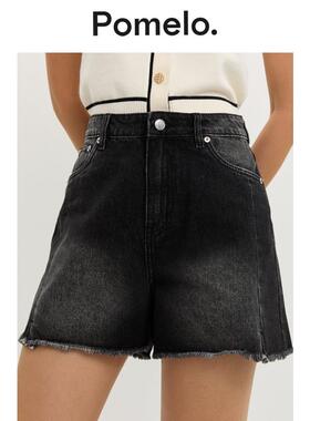 Pomelo 黑色时尚复古休闲高腰毛边牛仔短裤女