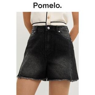 女 复古休闲高腰毛边牛仔短裤 Pomelo 黑色时尚