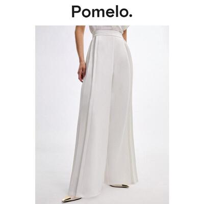 Pomelo高腰显瘦褶饰设计感白色阔腿长裤女