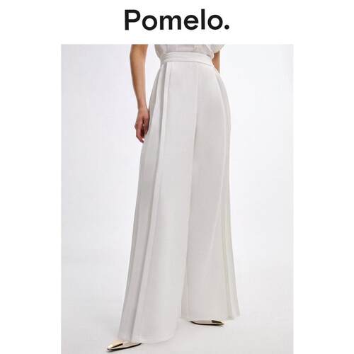 Pomelo高腰显瘦褶饰设计感白色阔腿长裤女